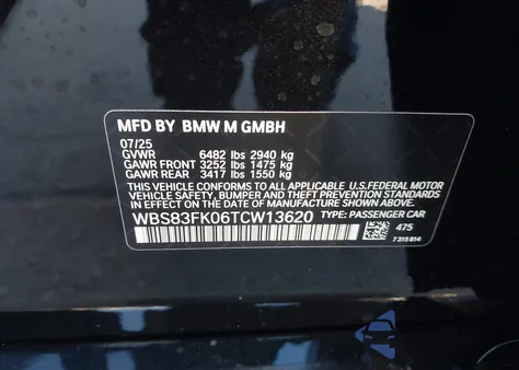 2026 BMW M5 from USA, damaged, VIN WBS83FK06TCW13620